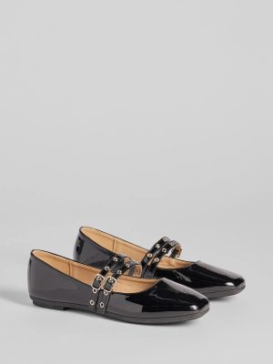 Sleek Buckled Strappy Patent Faux Leather Flats