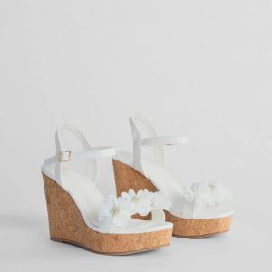 Whimsical Touch Pearl Flower Strap Cork Wedges
