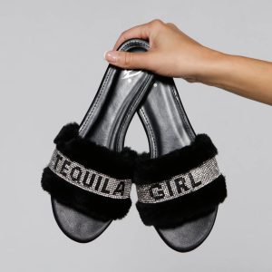 Rhinestone Tequila Girl Fluffy Slide Sandals