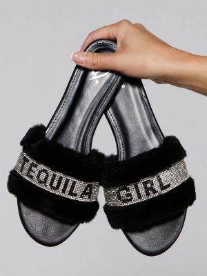 Rhinestone Tequila Girl Fluffy Slide Sandals
