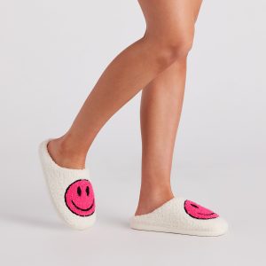 Be Happy Face Faux Sherpa Slippers